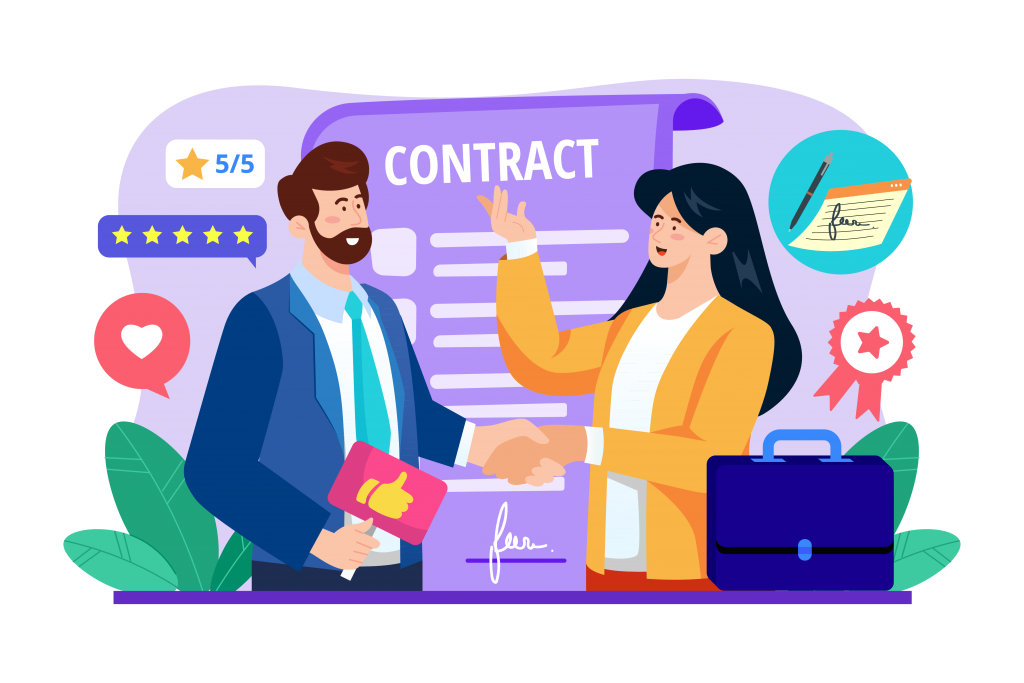 Business owner and SEO specialist negotiating a contract