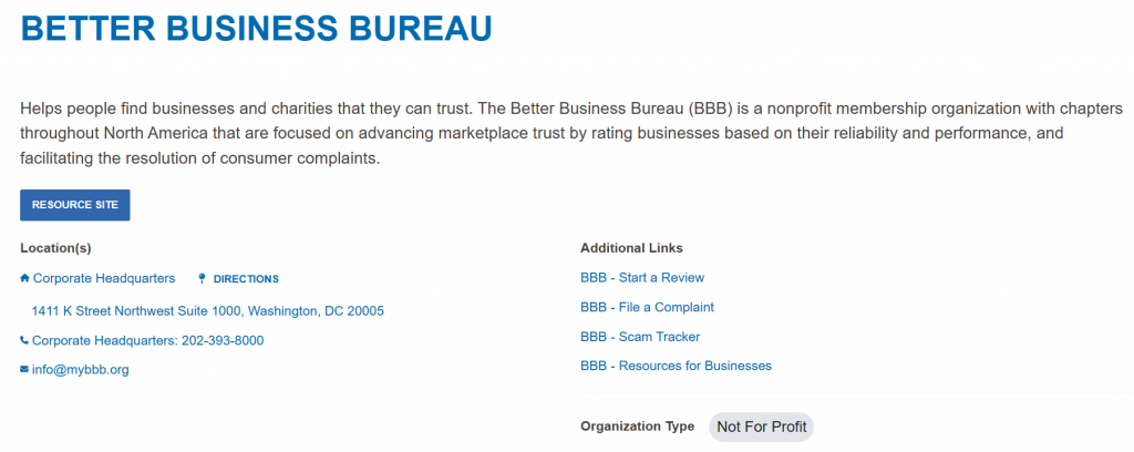 Better Business Bureau business details