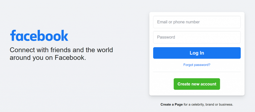 Facebook log in page screenshot