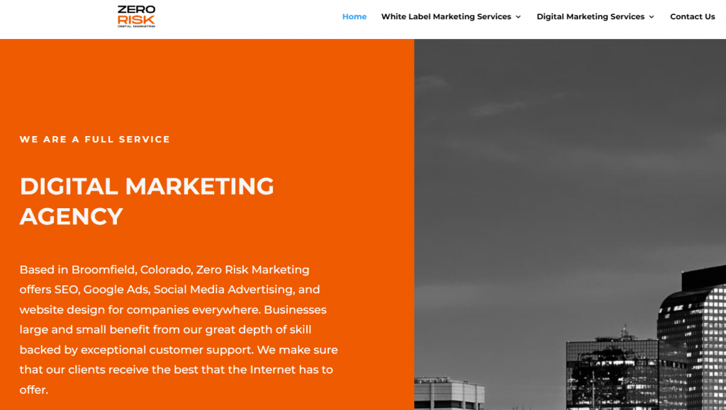 Screenshot of Zero Risk Marketing's homepage