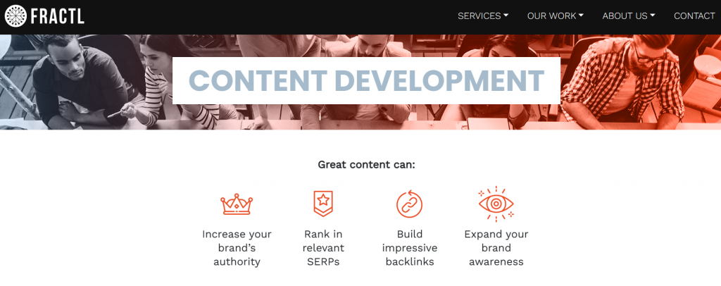 Screenshot of the content development service page of a digital marketing agency