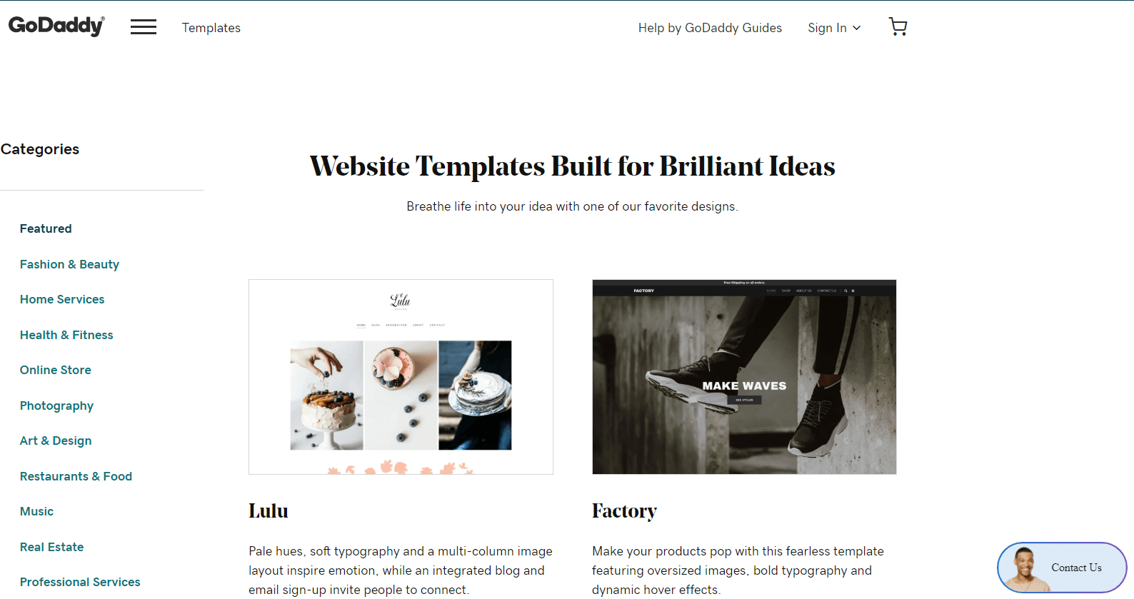 GoDaddy Website Builder Template Options